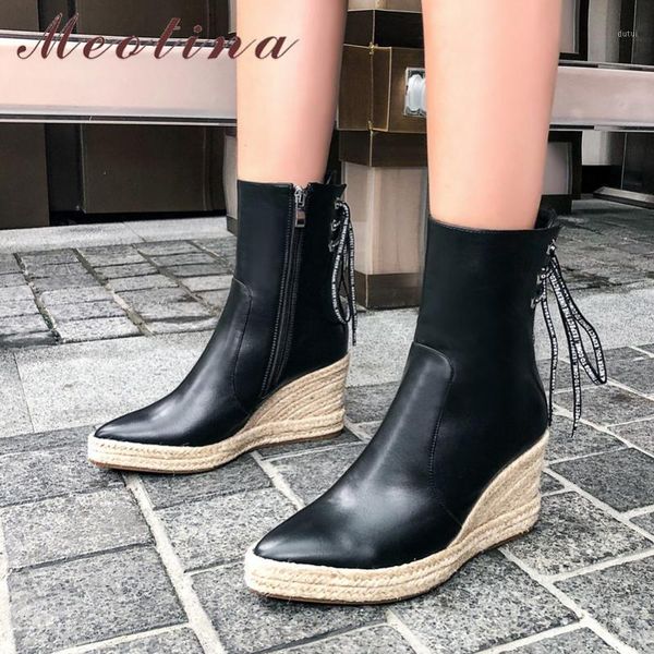 

meotina autumn ankle boots women zipper platform wedge high heels short boots lace up round toe shoes ladies winter plus size 431, Black