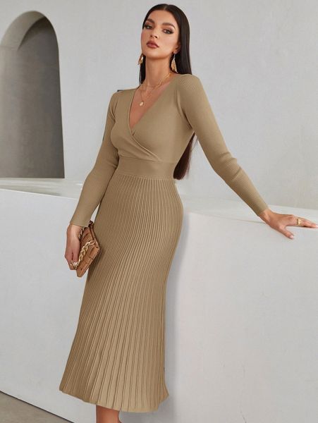 

surplice neck ribbed knit sweater dress l74o#, Black;gray