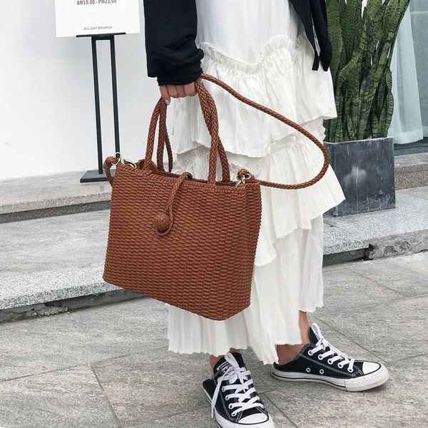 

vintage hand knitting designer genuine leather women basket purse real cowskin ladies single cross shoulder bag female handbag