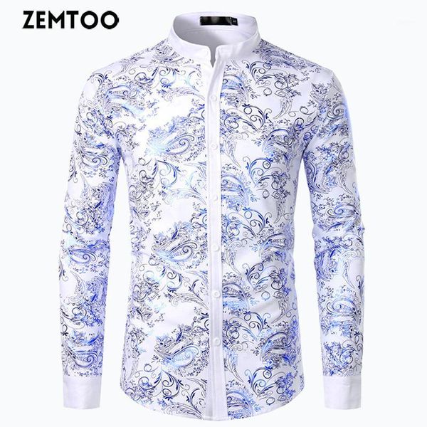 

zemtoo men's gold bronzing printed shirt nightclub style bar fd0301, White;black
