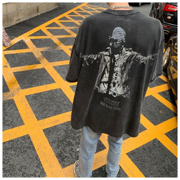 

2021 new washed old retro short-sleeved masked singer trendy printed round neck reverse cut t-shirt for men jmhs, White;black
