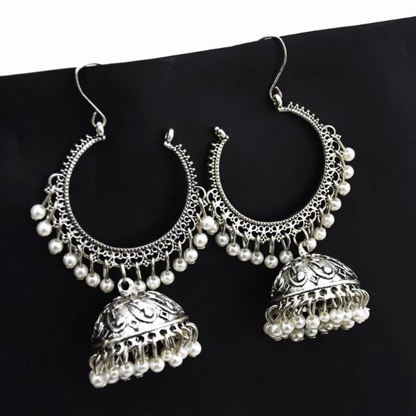 

dangle & chandelier afghan big circle drop earrings pearl beads long tassel jhumka statement brincos tribal wedding jewelry, Silver