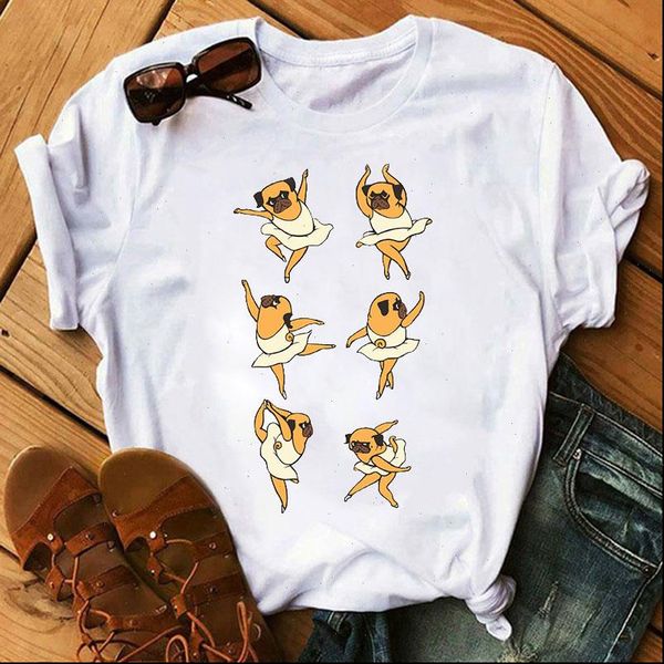 

harajuku women tshirt dancing dog printed tshirts fashion cartoon tee loose summer short sleeve female t shirt, White
