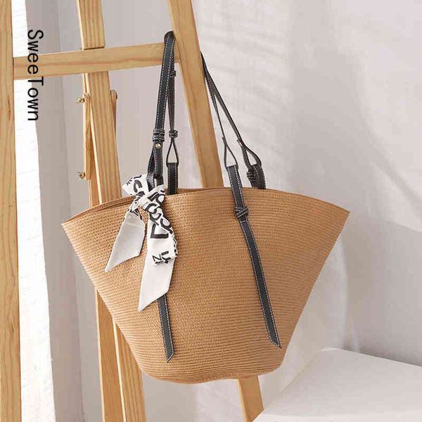 

shopping bags sweetown fashion women summer straw large tote beach casual shoulder handbag rattan woven handmade knitted 220309