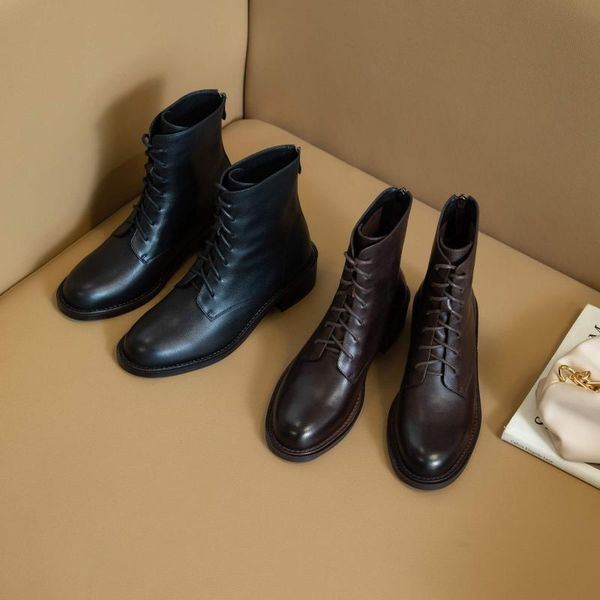 

botas mujer 2020 новые зимние ботинки женщин лодыжки сапоги коровы кожа зашнуровать впп бренд офис леди лаконичные ботильоны femme, Black