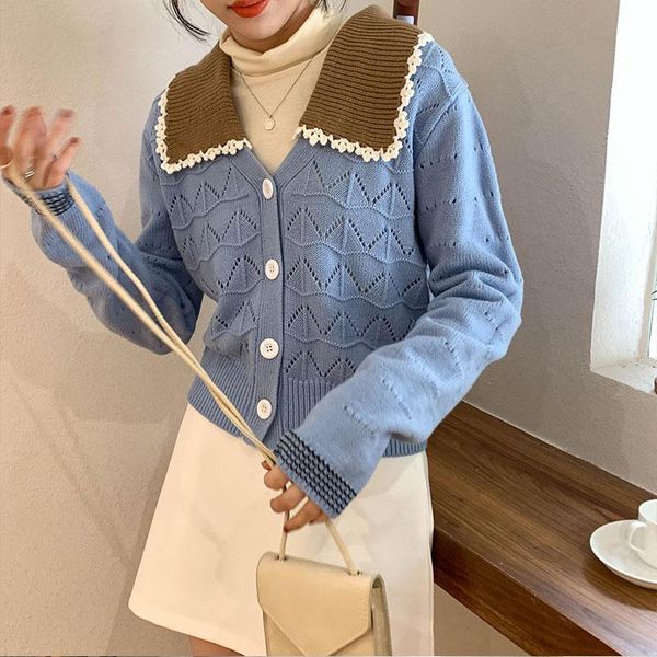 

korean cute turn-down collar hollow out patchwork knit cardigan women autumn long sleeve sweaters coat sweet woman sweater, White