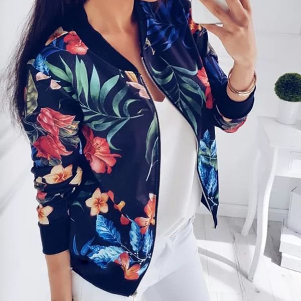 

2020 fashion ladies retro floral zipper bomber jacket casual coat autumn spring printed outerwear women's clothes, Black;brown