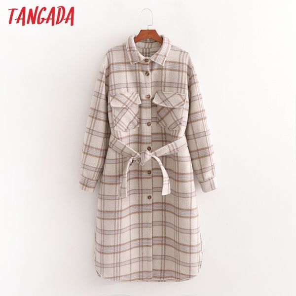 

tangada women vintage plaid thick oversized long wool coats long sleeves pocket 2020 winter ol elegant coat lj201128, Black