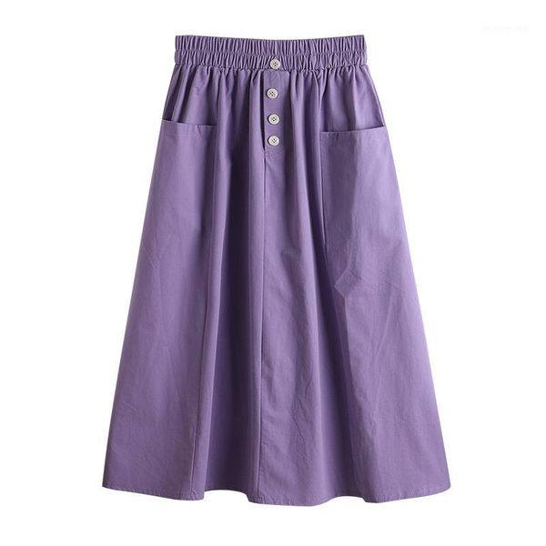 

skirts 2021 summer autumn women korean button vintage skirt with pocket high waist long female fashion midi frill skirts1, Black