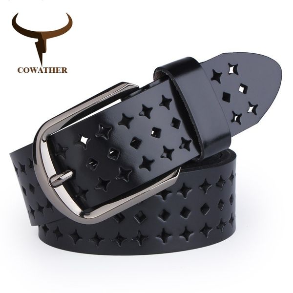 

cowather 2019 new women cow genuine leather belts hollow korea fashion for women female pin buckle belt nqsk002 length 100-125cm q1112, Black;brown