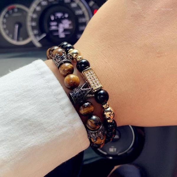 

charm bracelets 2021 fashion crown men bracelet tiger eye stone bead for jewelry gift1, Golden;silver