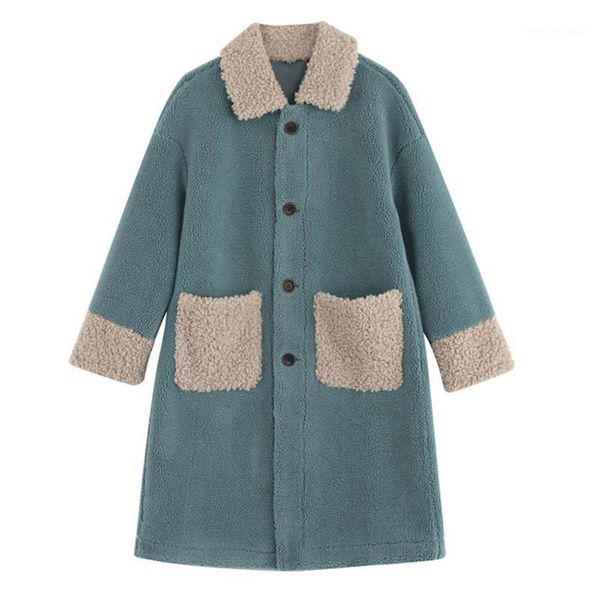 

women's fur & faux lamb wool coat women 2021 winter korean splicing single-breasted thick loose mid-length warm woolen jacket ladies ti, Black