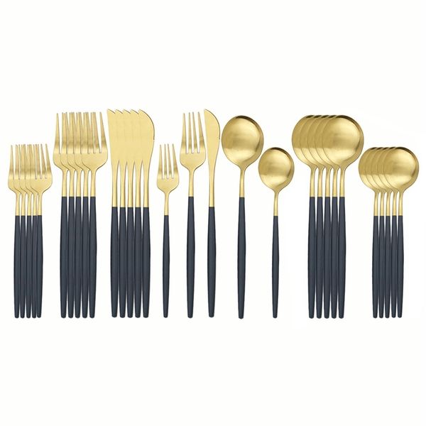

30pcs matte black gold tableware set 304 stainless steel dinnerware set kitchen flatware set western knife fork spoon cutlery 201128