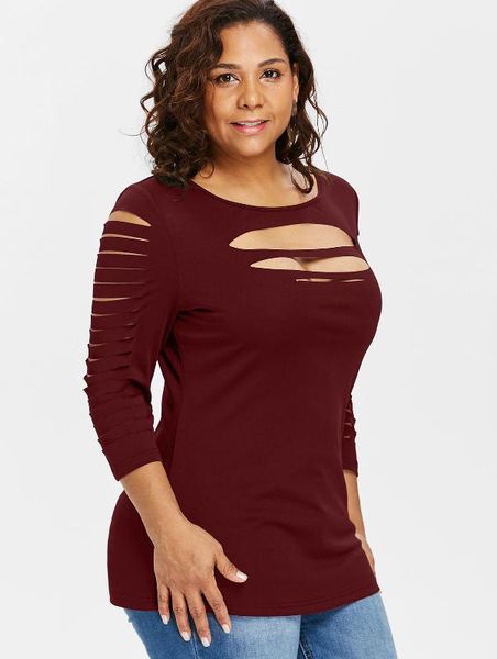 

wipalo plus size 5xl ladies keyhole cut front ripped harajuku t-shirt women t shirt o neck three quarter sleeve casual 1, White