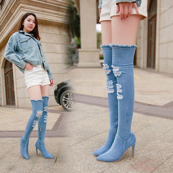 

over-the-knee motorcycle boots women european brand designer denim extreme high heels botas mujer cutout tassel bota feminina1, Black