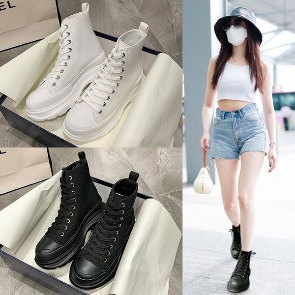 

2020 new breathable thick-soled increased casual canvas sports running shoes net red high-old shoes women's short boots, Black