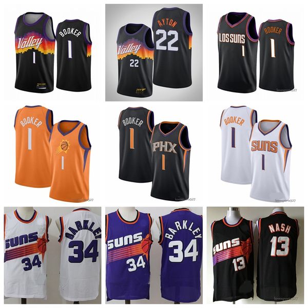 

men devin 1 booke jersey charles 34 barkley steve 13 nash deandre 22 ayton city the valley basketball jersey 1219, Black;red