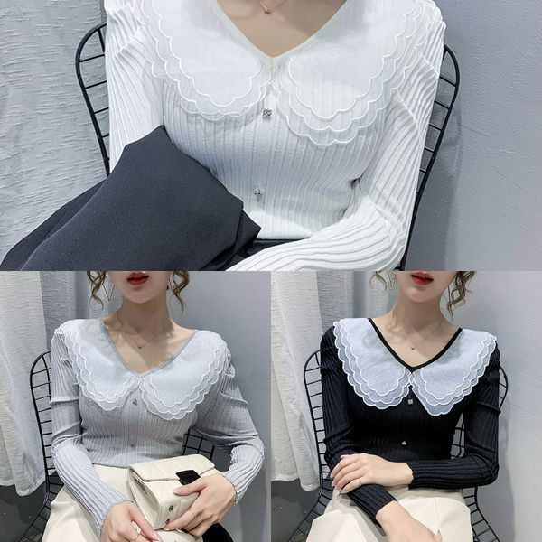 

2020 autumn junior mesh neck stitching knitted versatile dolldoll dollbubble long sleeve t-shirt 2020 autumn junior mesh neck stitching knit, White;black