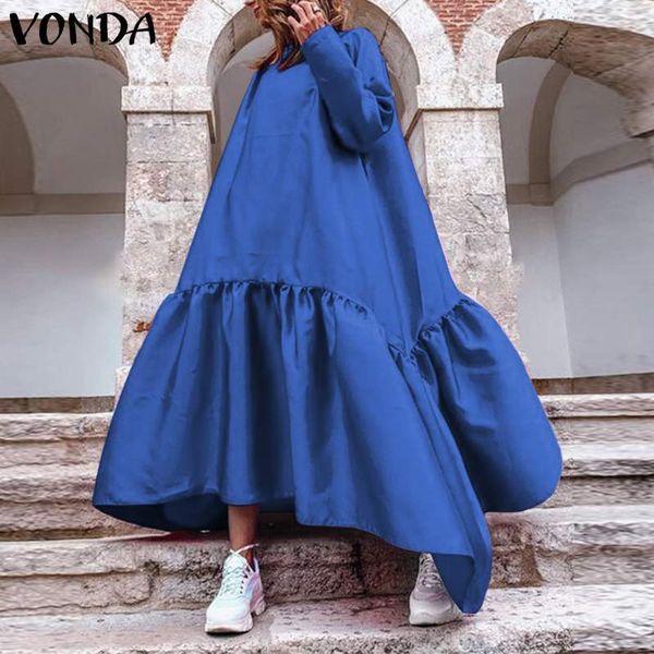 

vonda 2020 autumn dress women casual o neck long sleeve dresses plus size bohemian vestidos loose solid color sundress 5xl robe y0118, Black;gray