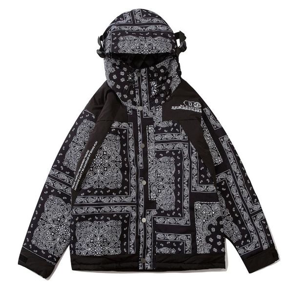 

hip hop streetwear parkas men cashew flowers print thick padded jackets harajuku windbreaker zipper jacket coat winter outwear, Black