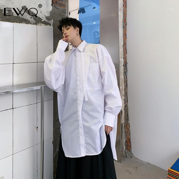 

ewq / 2020 new fashion niche men's shirt irregular ribbon casual long sleeve oversize long style shirt for male & female 19h-a521, White;black