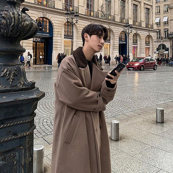 

men's trench coats coat 2021 autumn winter slim pure color handsome long loose casual lapel personality youth wear, Tan;black