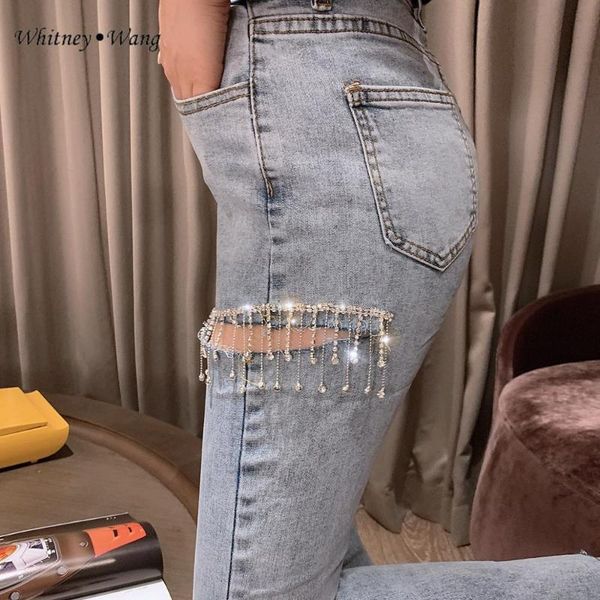 

whitney wang 2020 spring summer fashion streetwear thigh cut diamonds tassel skinny jeans women denim pants plus size 5xl, Blue