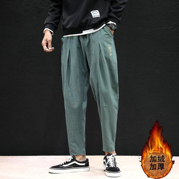 

men's pants mrgoldenbowl winter and autumn loose full length embroidery chinese style men fleece pencil, Black