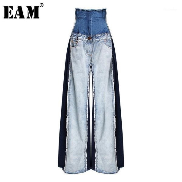 

eam] 2019 new spring summer high waist loose hit color denim pocket blue long wide leg jeans women trousers fashion tide jr8411