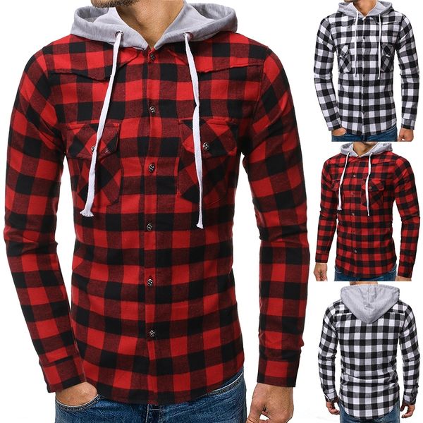 

i6u0m european shirt autumn winter plaid men's youth korean slim shirt casual fashion hooded long sleeve men's new 3miax, Blue