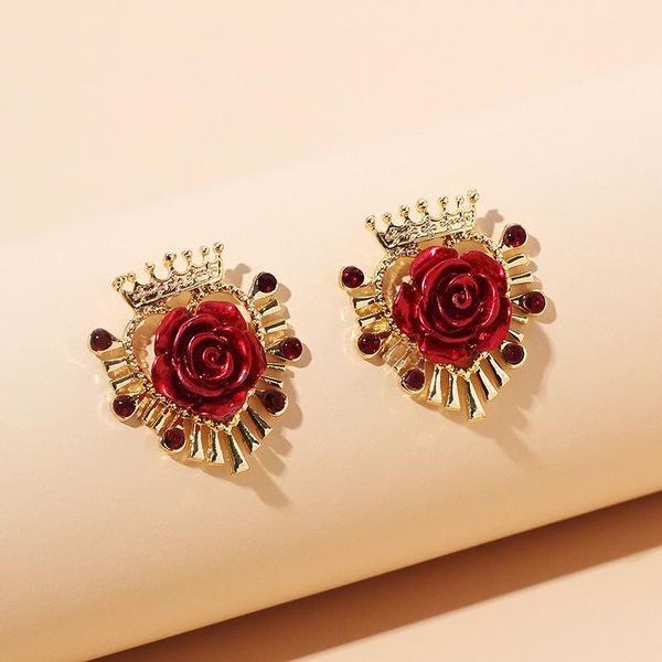 

fashion red rose flower earrings gold color geometric love crown earrings for women 2021 girl party korean stud female jewelry, Golden;silver
