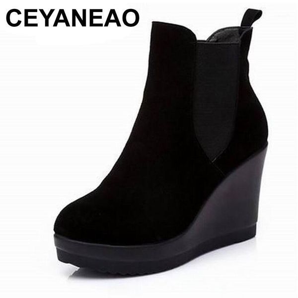 

ceyaneao genuine leather ankle heel boots antumn/winter style ankle boots for women mar wedges boot women's shoes e12141, Black