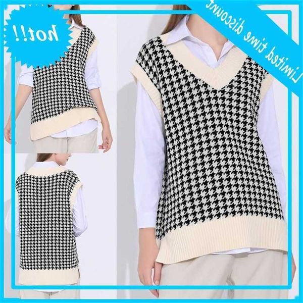 

women retrieve houndstooth plate used vest mouwlless v-neck vintage oversized loose trui jumper tank