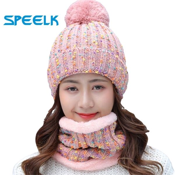 

autumn winter knitted beanies hat women velvet thick warm wool skullies cap bib female bonnet beanie caps windproof riding sets 201215, Blue;gray