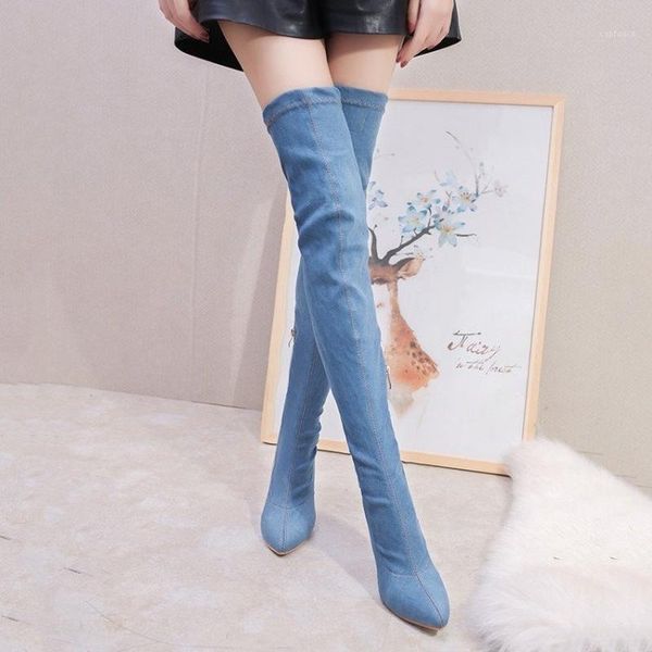 

denim over-the-knee boots with pointed toes and side zippers to slim stretch boots for women high heel shoes s0821, Black