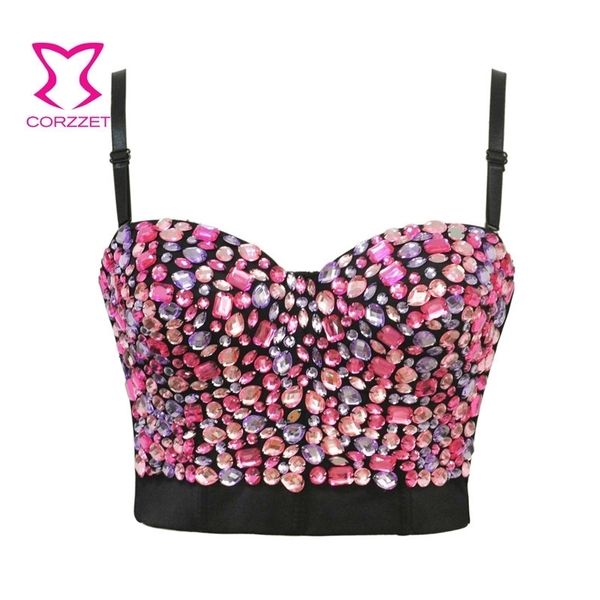 

pink beaded crystal diamonds bralette bras for women lolita push up strapless bra bustier crop plus size dance clubwear y200415, Red;black