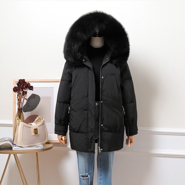 

2021 new real natural skin collar winter with hood parka white jacket thicken female down warm loose coat ssxa, Black