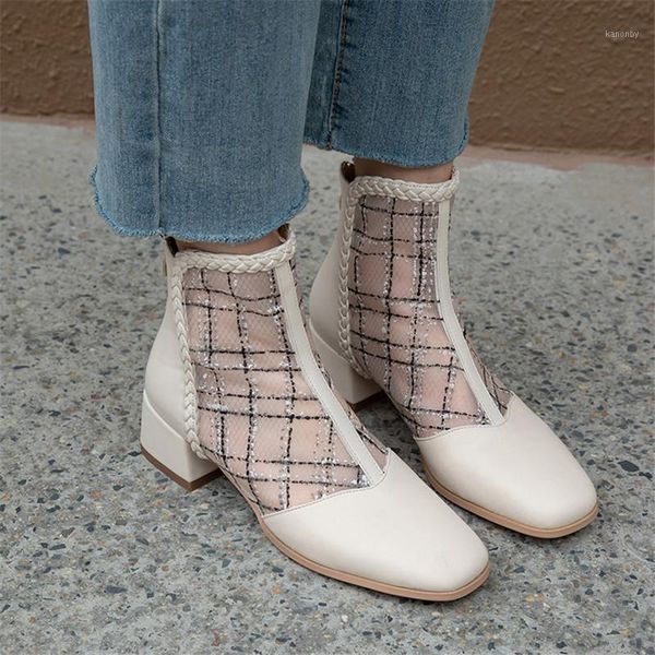 

boots women ankle stitching net yarn women's fashion spring versatile solid color black beige1