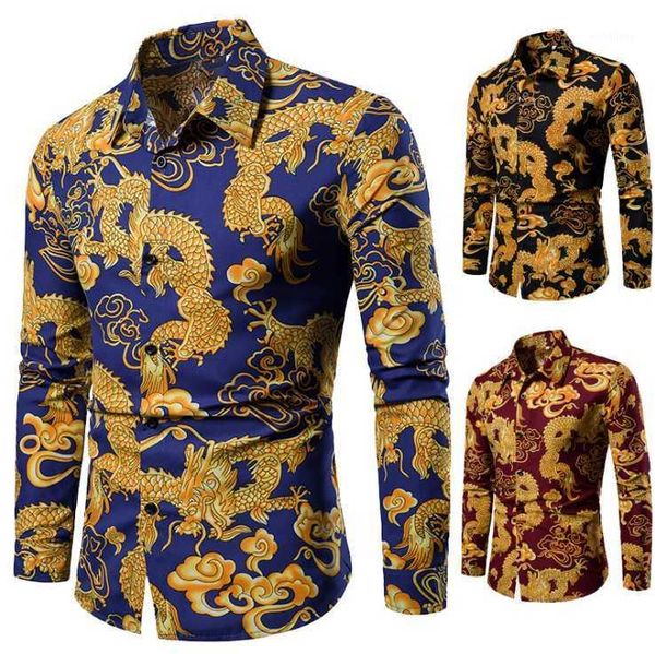 

digital dragon print long sleeve men's casual shirts turn down collar single breasted size -4xl, White;black
