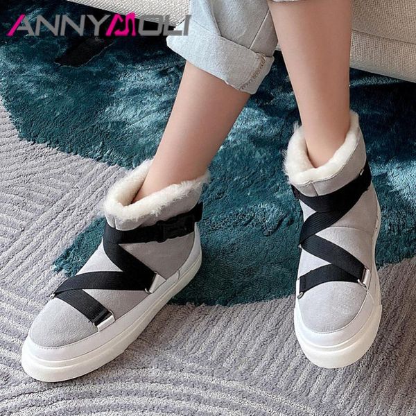 

annymoli natural genuine leather cow suede flats platform snow boots women ankle boots shoes slip on warm short brown 42, Black