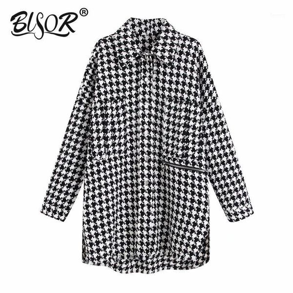

women vintage houndstooth plaid tweed woolen jacket 2020 ladies retro zipper decorate outwear coat chic leisure loose 1, Black;brown