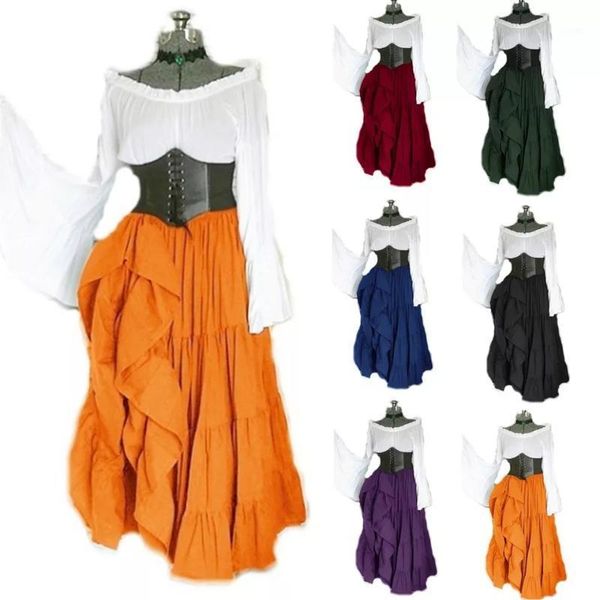 

new autumn halloween women medieval cosplay costumes gothic retro victorian middle age carnival long sleeve pleated corset dress1, Black;gray