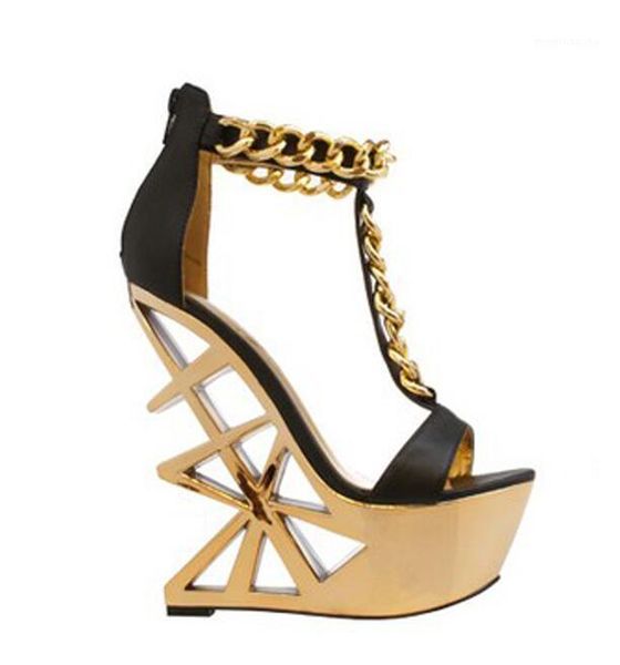 

sandals est cutout gold metallic heels woman sandal strange style t-strap wedge open toe chains decorations gladiator1, Black