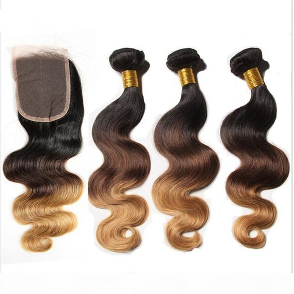 

#1b 4 27 honey blonde ombre malaysian hair 3pcs with lace closure dark roots three tone body wave ombre hair bundles with closure, Black