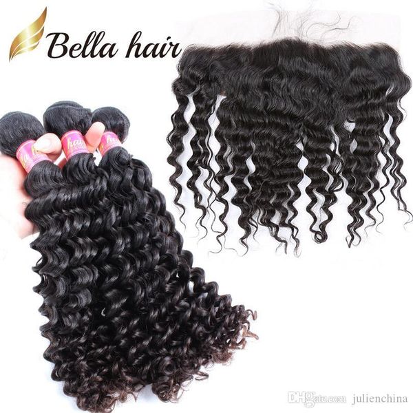 

bella hair 8a brazilian human hair bundles with lace frontal closure 13*4 deep wave weaves closure, Black;brown