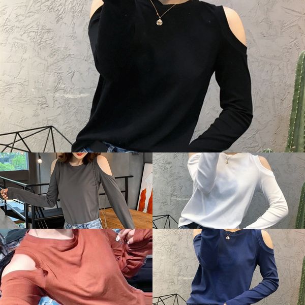 

2020 осени корейского академической t- рубашка shirtslim подходят круглого neckshoulder твердых случайных дна рубашки женщины длинного рукав, White