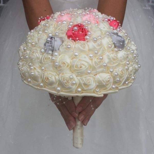 

handmade diameter 15/18/21/24cm wedding bouquet bridal bridesmaid bouquets ribbon rose pearls artificial bride holding flower1