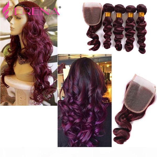 

new fashion burgundy 99j lace closure 10-30inch 130 density brazilian wavy 99j full wine red human hair extensions weft bundles and closure, Black;brown