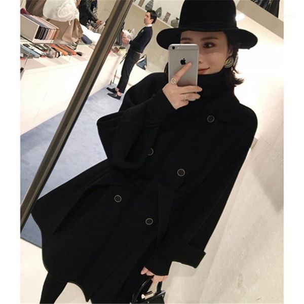 

2020 autumn and winter new coat female solid color black double-sided woolen coat double breasted cape female autumn j0501