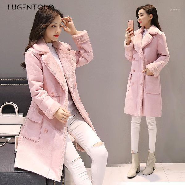 

lugentolo winter coats women faux lamb fur lapel plus velvet thickening wide-waisted single breasted long coats1, Black